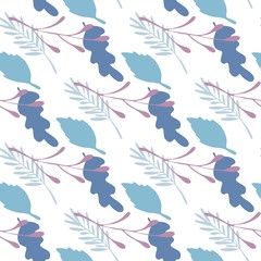 Branches and leaves vector seamless pattern on white background. Green and blue colors.