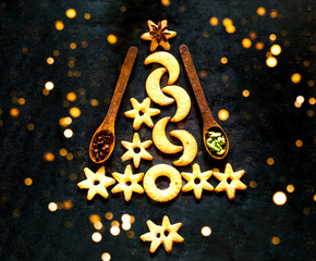 Cookies with spices on black background with blur effect.