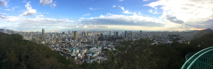 Fototapeta na wymiar Panoramic view of Kobe City from Venus Bridge in Kobe, Japan