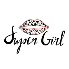 Fashion t-shirt print with slogan and kiss with leopard lipstick for t shirt. Stylish woman lips. Trendy typography slogan design. Vector illustration on white background.