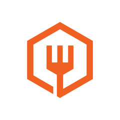 Cafe, Resataurant or Kitchen Logo Concept, Fork Combined With Hexagon Shape