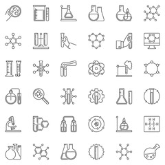 Fototapeta premium Chemistry linear icons set. Microscope, atom, flask, test-tube, chemical reaction outline symbols