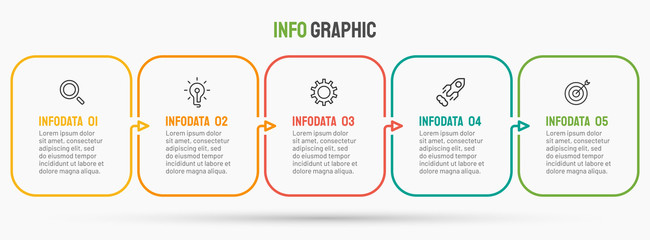 Business infographic template. Thin line design with marketing icons and 5 options, steps, rectangle. Vector linear element for presentations.