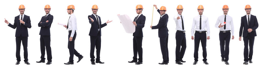 panoramic photo collage of confident architect isolated on white