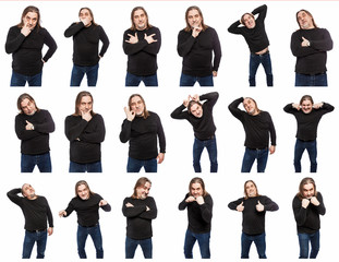 Obraz premium A set of photos of a middle-aged man in various poses and emotions. A collage of isolated on white background images.