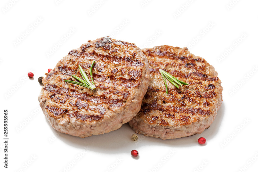 Wall mural Grilled burger meat isolated on white background, top view.