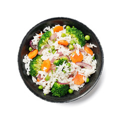 Rice with vegetables isolated on white background.