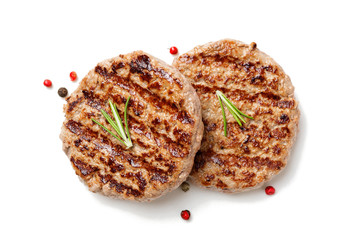 Grilled burger meat isolated on white background, top view.