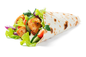 Tortilla wrap with fried chicken meat and vegetables isolated on white background
