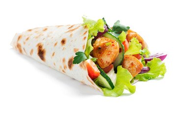 Tortilla wrap with fried chicken meat and vegetables isolated on white background