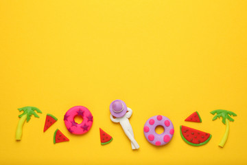 Summer beach vacation concept with LILO, watermelons and palm trees. Pleasure of tropical relaxation.
