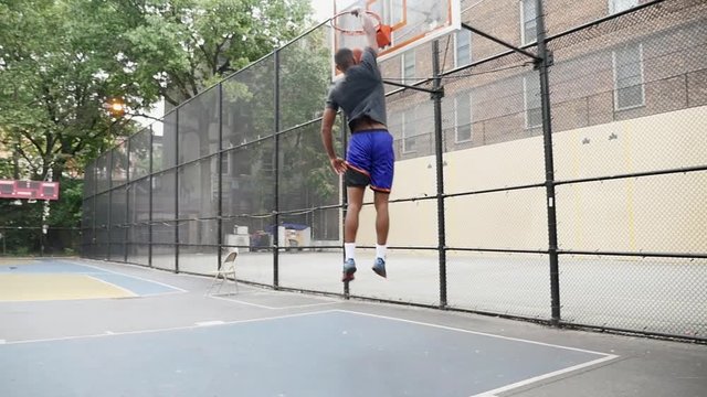Basketball player playing on the court in New york city. performing dunks and tricks