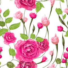 Beautiful floral vector seamless pattern. Pink rose flowers with leaves on white background. Template for textile, wallpaper, print, carton, banner, ceramic tile, card.