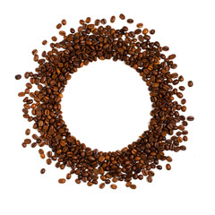 Roasted coffee beans on white background. Space for text in the form of a circle