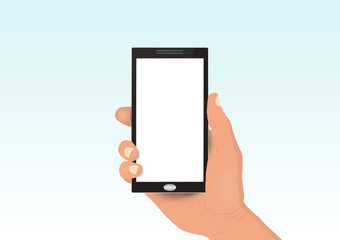 Hand holding white screen smartphone mobile phone vector illustration