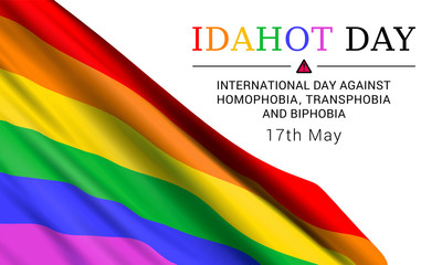 International Day Against Homophobia, Transphobia and Biphobia May 17. Vector design concept with waving rainbow LGBT flag and text on white background.