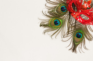 Naklejka premium Red carnaval mask and peacock feathers isolated on white table background. Flat lay style. Empty template