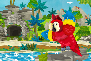 cartoon scene with happy and funny parrot in the tropical jungle - illustration for children