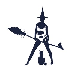 Illustration of standing young witch icon. Witch silhouette with a broomstick, cat and raven. Halloween relative image