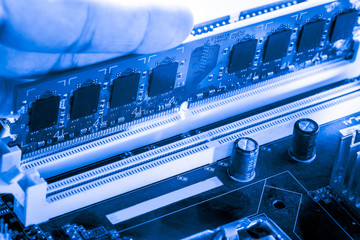 Close up of Electronic Ram(random access memory) on Mainboard computer