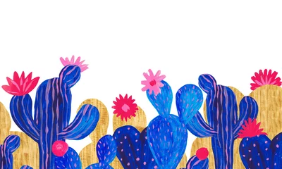 Foto op Canvas Banner Hand painted set of decorative cactus in fantasy style Set of flowering plants, cactus blue coral color © Evgeniia