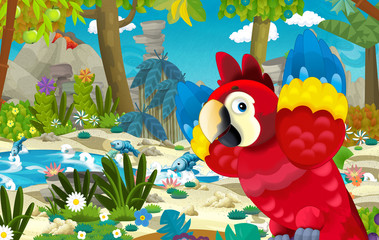 cartoon scene with happy and funny parrot in the tropical jungle - illustration for children © honeyflavour