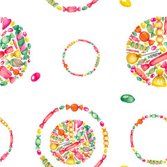 Seamless pattern Watercolor illustration set of sweets candy hand-painted. Bright colored elements on white isolated background.