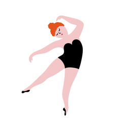 Happy plus size dancing girl. Body positive concept vector illustration.