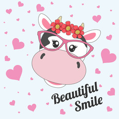 Beautiful smile cartoon cow in glasses on the pink background.