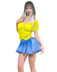 Long-haired brunette woman short summer blue denim skirt.Yellow light transparent mesh blouse.Beautiful girl standing sexually pose.3D rendering isolate illustration.Spring-summer clothes collection