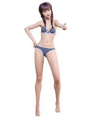 Naklejka premium 3D beautiful summer beach blond woman blue swimsuit bikini.Summer rest.Conceptual fashion art.Seductive candid pose.Realistic render illustration.Isolate