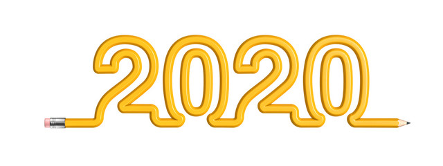 Pencil 2020 education concept / 3D illustration of yellow wooden pencil forming year 2020 text