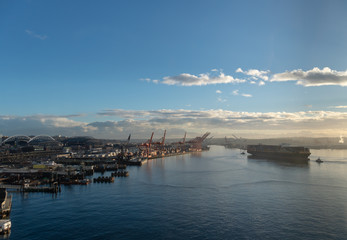Fototapeta na wymiar Seattle port with stadiums