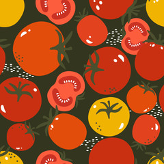 Fresh tomatoes, hand drawn seamless pattern. Overlapping background, vegetables vector. Colorful illustration with food. Decorative wallpaper, good for printing. Design backdrop, tomato