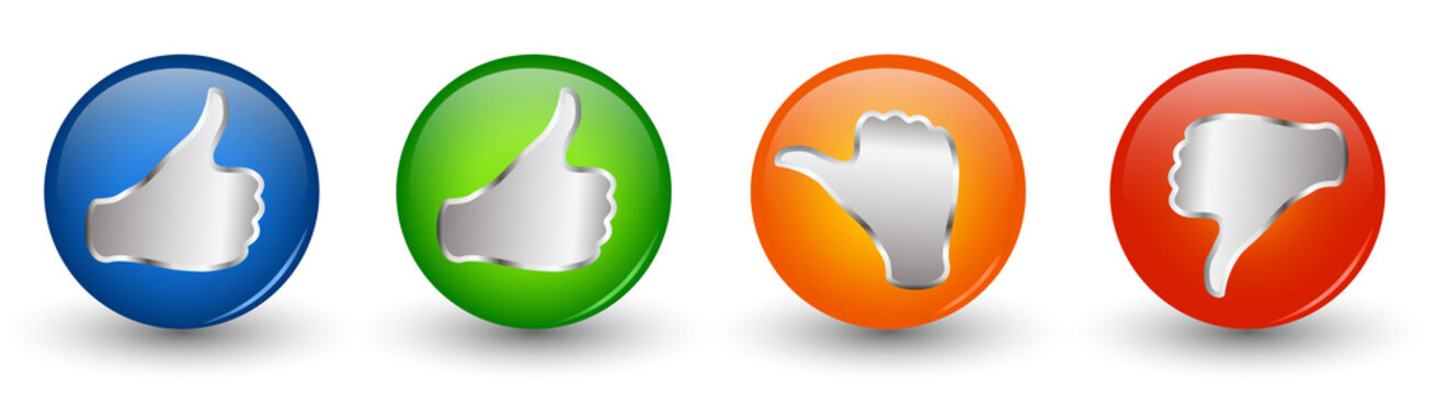 Buttons 3d illustration icon. Thumbs up green and blue - orange neutral thumb - thumb down red. Online voting symbol. Concept like it. Do not like