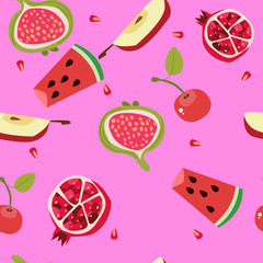 Tropical exotic fruits seamless pattern. Cute fresh organic fruits background. Vector illustration of watermelon, cherry, pear, passionfruit, banana, grape, papaya,vector illustration