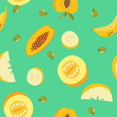 Tropical exotic fruits seamless pattern. Cute fresh organic fruits background. Vector illustration of watermelon, cherry, pear, passionfruit, banana, grape, papaya,vector illustration