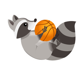 Cute cartoon raccoon lies on his back and holds a basketball. Cartoon animal character design. Flat vector illustration isolated on white background