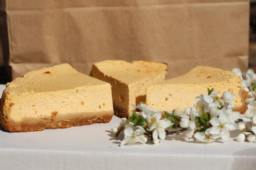 three pieces of Easter cheese with a branch of a blossoming tree on a white background