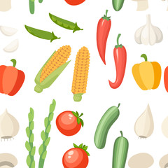 Seamless pattern. Vegetable collection icon. Set of pepper, garlic, corn, green pea and etc. Agriculture and food icon design. Flat vector illustration on white background