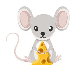 Cute little gray mouse sit on floor and hold cheese. Cartoon animal character design. Flat vector illustration isolated on white background