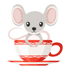Cute little gray mouse is sitting in a mug. Cartoon animal character design. Flat vector illustration isolated on white background
