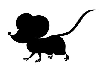 Black silhouette. Cute little gray mouse walk. Cartoon animal character design. Flat vector illustration isolated on white background