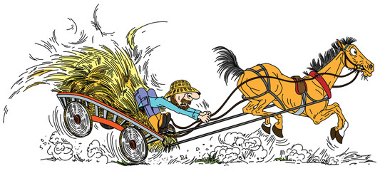 cartoon old horse pulled a wooden cart with hay and aged farmer . Man trying to control his unruly playful old mare . Vector illustration