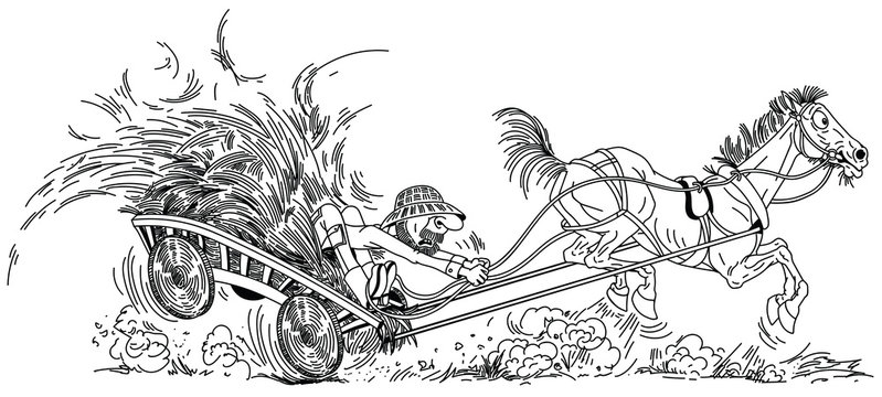 cartoon farmer on wooden cart with hay pulled by unruly old horse. Aged man trying to control his funny playful mare . Black and white outline vector illustration