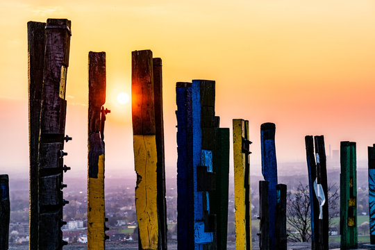 View over the Ruhr area with totem poles to Halde Haniel