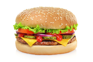 Classic cheeseburger isolated on white - obrazy, fototapety, plakaty
