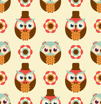 seamless cute cartoon owls wallpaper pattern background - Vector