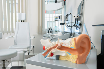Ohranatomiemodell in der Hals Nasen Ohren Praxis mit Blick auf Behandlungseinheit - obrazy, fototapety, plakaty
