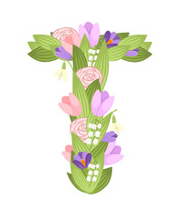 T letter. Cartoon flower font design. Letter with flowers and leaves. Flat vector illustration isolated on white background